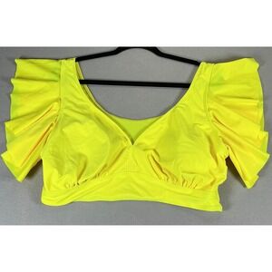 Neon Yellow Bikini Top 2XL Ruffle Sleeve V Neck Stretch Swim Top Bright